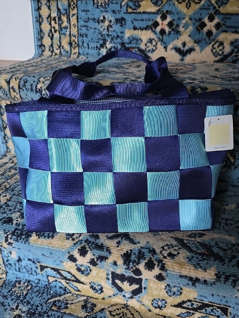 Woven Checker Tote Bag in Navy and Teal